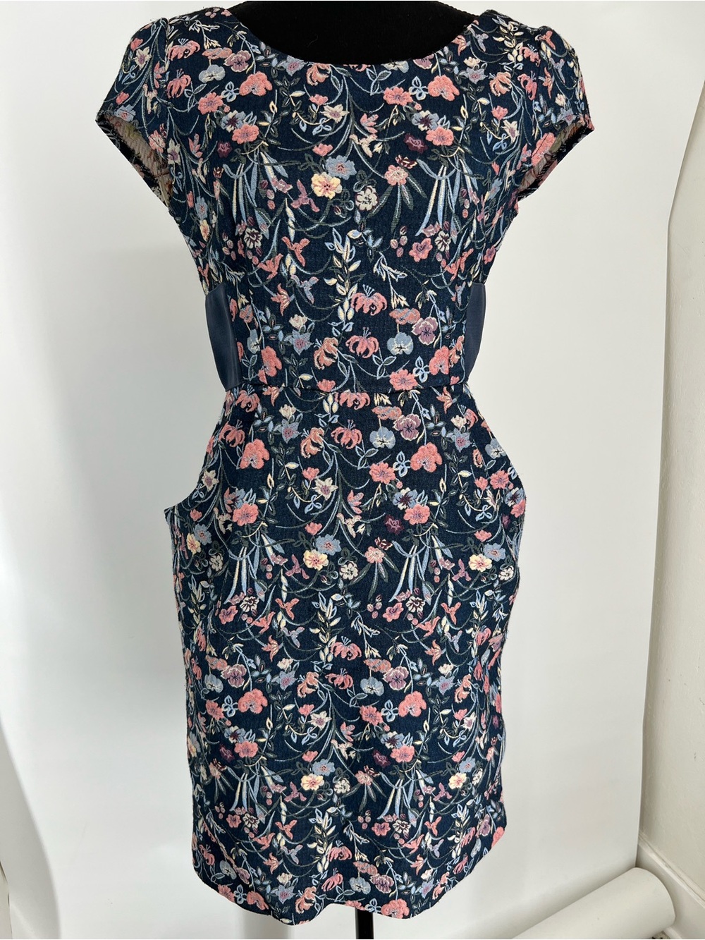 Floral Navy Sheath Dress with Pink Accent